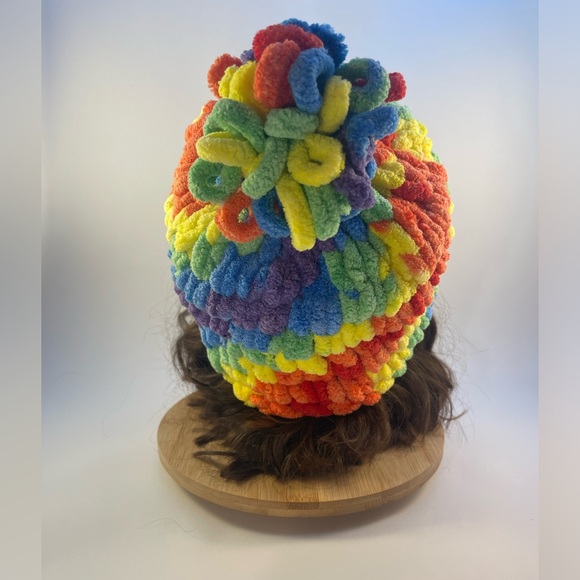 Handmade Women’s/Junior’s Winter Hat With Loopy Pom-Pom - Rainbow - Picture 6 of 9
